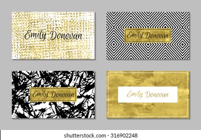 Set of 4 gold and white business card template or gift cards.  Texture of gold foil. Luxury vector illustration. Easy editable template. Space for  text. Line, confetti.