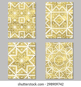 Set of 4 gold and white  journaling cards. Vector illustration. Editable template.  Grunge, floral, ethnic.