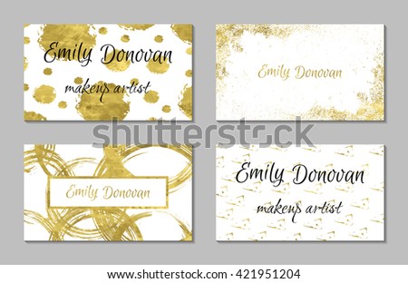 Set of 4 golden business card template or gift cards.  Texture of gold foil. Luxury vector illustration.Easy editable template. Space for  text. Triangle, dots, circles.