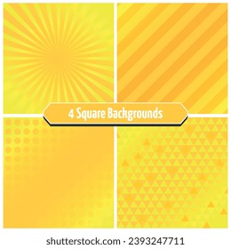 Set of 4 Golden Square Backgrounds - Gradient in Yellow and Orange with Polka Dots, Radial Sunburst, Down Triangles and Stripes