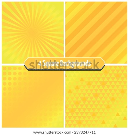 Set of 4 Golden Square Backgrounds - Gradient in Yellow and Orange with Polka Dots, Radial Sunburst, Down Triangles and Stripes