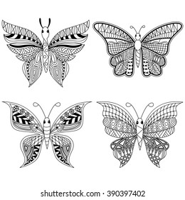 Set of 4 gorgeous butterfly coloring page in artistic zen tangle style
