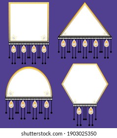 Conjunto de 4 formas de borde de degradado. Colección de marcos de patrón Gemstone. Etiquetas en blanco. Vector de diamante de joyas. Infografía de bodas y elementos web. Objetos aislados sobre fondo morado.
