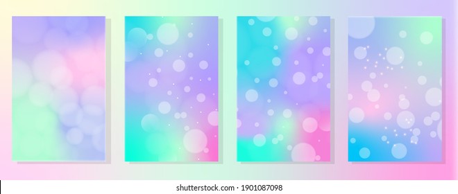 Set of 4 gradient holographic backgrounds in different colors with bokeh effect. Hologram to create trendy modern design.Trendy vector background for fashion or printed products.