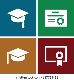 set of 4 graduate filled icons such as diploma, arrows up