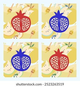 Set of 4 Graphic Arts with a Half of Red or Blue Pomegranate and apple with honey on background for Rosh Hashana, Jewish New Year. Shana Tova Umetuka - Good and Sweet Year!