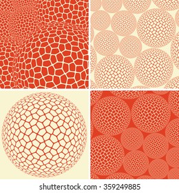 A set of 4 graphic compositions, based on a spherical shell with a polygons pattern on its surface in ivory and orange