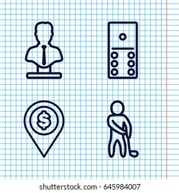 Set of 4 gray outline icons such as bust, golf player, dollar location