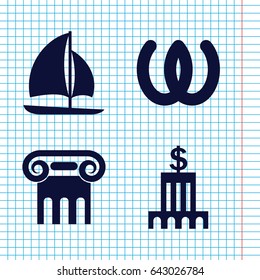 Set of 4 greek filled icons such as greek column, sailboat, bank svg