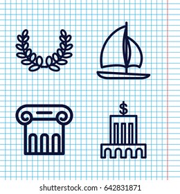 Set of 4 greek outline icons such as greek column, sailboat, olive wreath