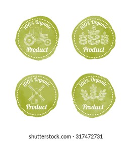 Set of 4 green AGRICULTURAL Badges for organic (natural) products. Original design (stylized olive green stamp with a white text and scribble style pictures). 