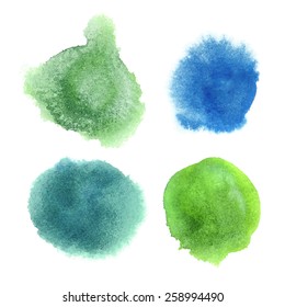 Set of 4 green and blue spots painted in watercolor. Vector template for your design.