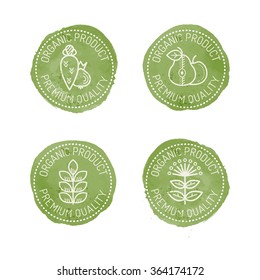 Set of 4 green Food Badges for organic (natural) products. Original design (stylized green stamp with a white text and linear style pictures). Organic product. Premium quality