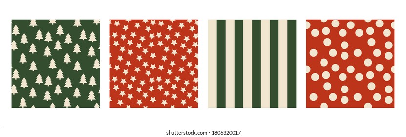 Set of 4 green and red backgrounds: christmas trees, stars, stripes, dots. Vector seamless patterns. Perfect for xmas and new 2021 year invitation, greeting cards, textile, wrapping paper, stationery