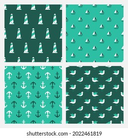Set of 4 green seamless patterns with nautical elements