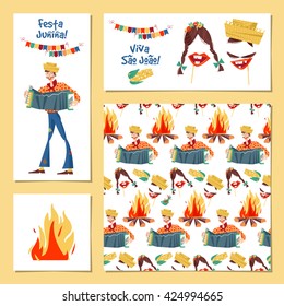 Set of 4 greeting card. Brazilian holiday Festa Junina (the June party).Template. Vector illustration