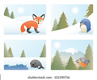 A set of 4 greeting card designs depicting a fox, penguin, seal and robin in various scenes. Eps 10 Vector.
