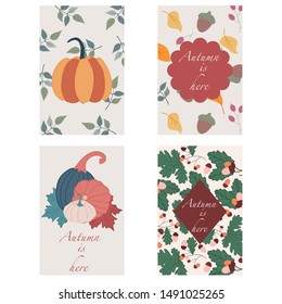 Set of 4 greeting cards, with autumn elements. Pumpkins, leaves,  nuts, vector elements, 