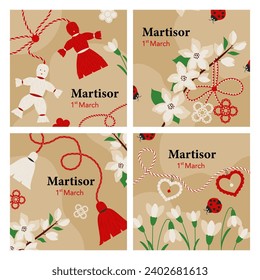 Set of 4 greeting cards for the Bulgarian holiday Baba Marta (Martisor). Vector illustrations with martisor talismans and spring flowers. 