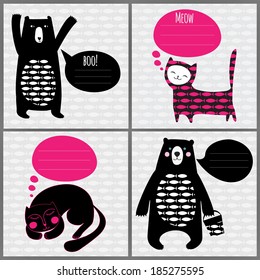 set of 4 greeting cards with cats and bears