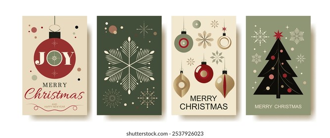 Set of 4 greeting cards for merry christmas. Vintage Retro Christmas Greeting Cards Set. Minimalist Holiday Vector Illustrations with Ornaments, Trees, and Typography