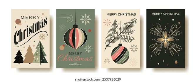 Set of 4 greeting cards for merry christmas. Vintage Retro Christmas Greeting Cards Set. Minimalist Holiday Vector Illustrations with Ornaments, Trees, and Typography