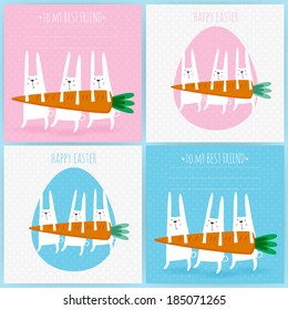 Set of 4 greeting cards with rabbits. Easter greeting cards. Funny doodle bunny. Vector illustration with cute rabbits and carrot.