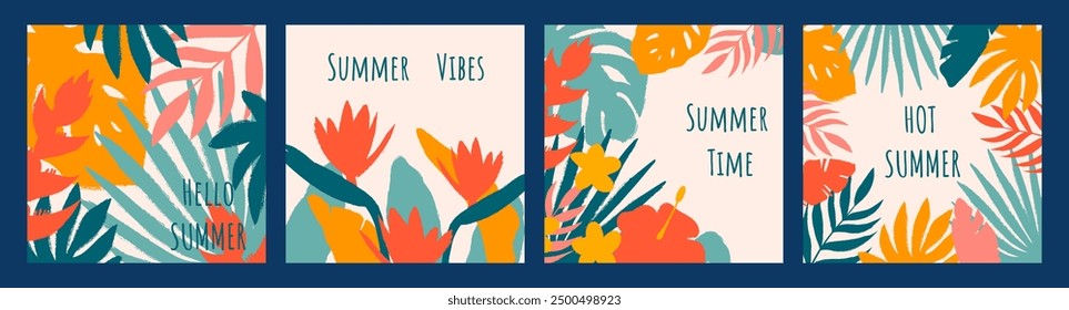 Set 4 tarjetas de felicitación con hojas tropicales, flores y tipografía. Efecto de textura grunge y bordes ásperos. Diseño dibujado a mano en estilo moderno. Para póster, portada, etiqueta, fondo, redes sociales.