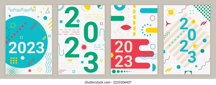 Set of 4 greeting new 2023 year creative colorful cards, memphis design. Design for flyers, posters Numbers design. Christmas greetings.