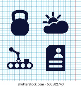 Set of 4 grey filled icons such as resume, sun cloud, conveyor and robot arm