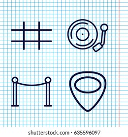 Set of 4 grid outline icons such as red carpet barrier, guitar mediator, gramophone