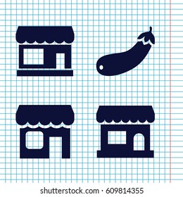 Set of 4 grocery filled icons such as store, aubergine