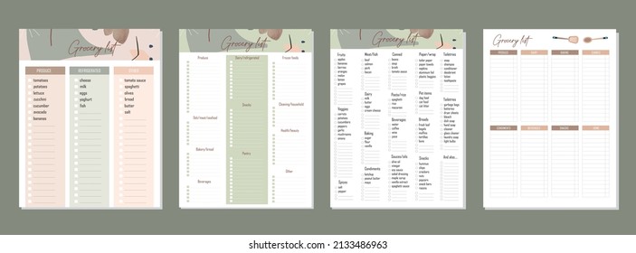 Set of 4 Grocery Lists planner printable and digital template vectors. 