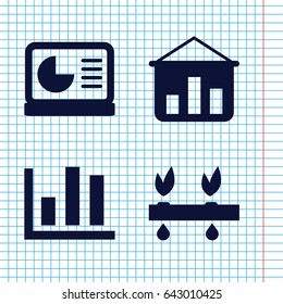 Set of 4 growing filled icons such as chart on display, plant, chart