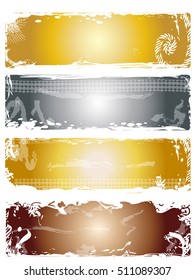 A set of 4 grunge banners with different metallic gradient colored backgrounds and white borders