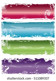 A set of 4 grunge banners with different metallic gradient colored backgrounds and white borders