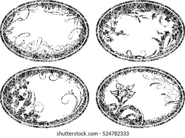 Set of 4 grunge oval floral frames with silhouettes of flowers, leaves, branches.