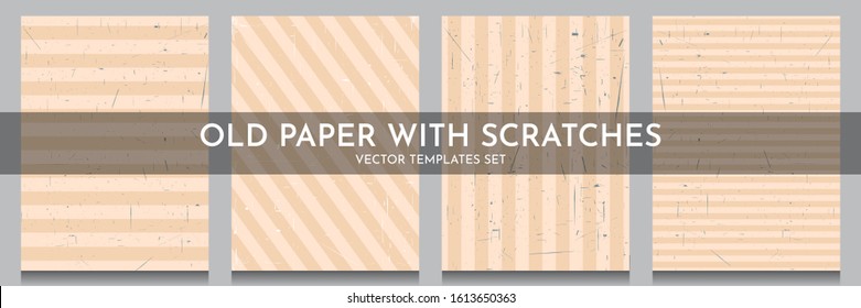 Set of 4 grungy antique brown backgrounds. Scratches textured vector overlay. Ancient vintage illustration. 70s, 80s, 90s retro graphic. Grain overlay with old photo effect. Aged paper design. 