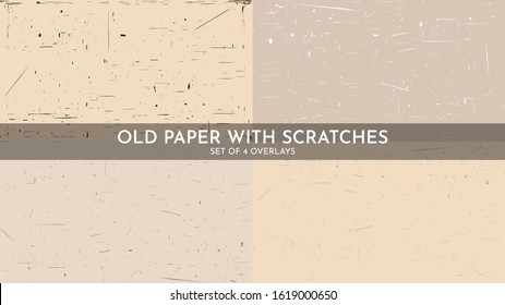 Set of 4 grungy antique brown backgrounds. Scratches textured vector overlay. Ancient vintage illustration. 70s, 80s, 90s retro graphic. Grain overlay with old photo effect. Aged paper design. 