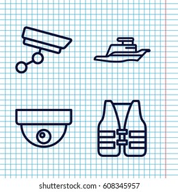 Set of 4 guard outline icons such as ship, security camera