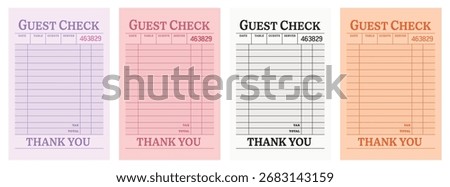 Set of 4 Guest check art print, trendy wall art blank restaurant receipt vector illustration for digital and personalized gift