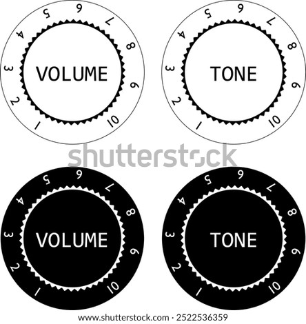 Set of 4 guitar volume and tone knobs top view, black and white with value numbers from 1 to 10