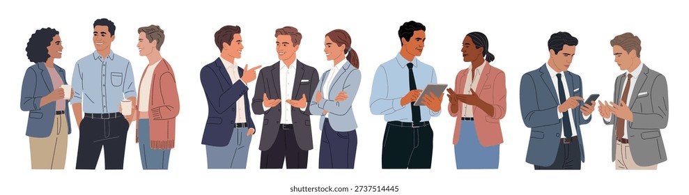 Set of 4 half-body vector illustrations of diverse business professionals in informal meetings, coffee break discussions, and digital communication with tablet and smartphone.