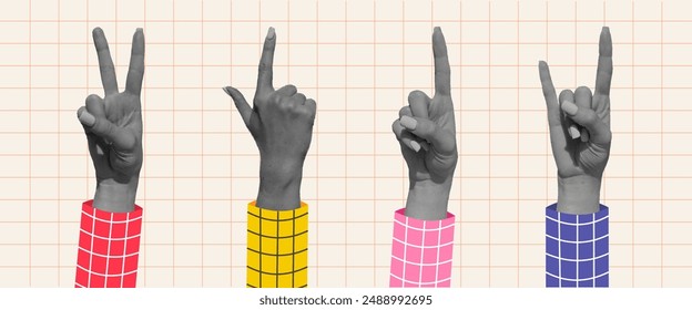 Set of 4 halftone collage gesture hands with decorative square pattern sleeves. Retro vintage background. Advertising and promotional elements for poster and banner.