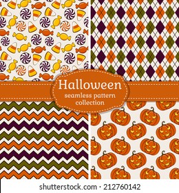 Set of 4 halloween backgrounds. Collection of seamless patterns in white, orange, green and purple colors. Vector illustration.