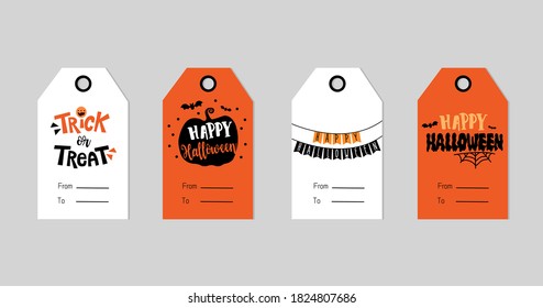 Set of 4 Halloween calligraphy and element vectors gift tag. Cute and scary label template for 31 October. Printable greeting cards illustration.