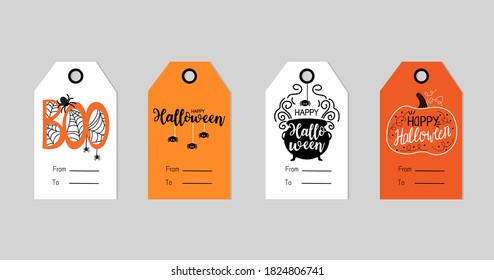 Set of 4 Halloween calligraphy gift tag. Cute and scary label template for 31 October. Printable greeting cards illustration.