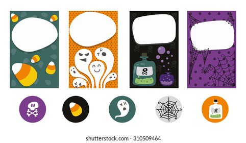 Set of 4 Halloween cards and invitations, plus badges.