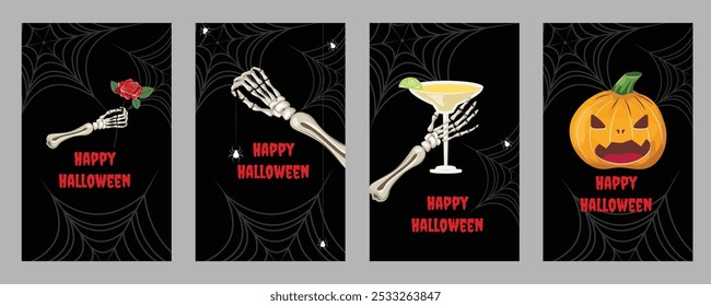 Set mit 4 Halloween-Karten mit Skeletthänden, die eine Rose, eine Spinne, ein Margaritaglas und einen isolierten Kürbis halten.