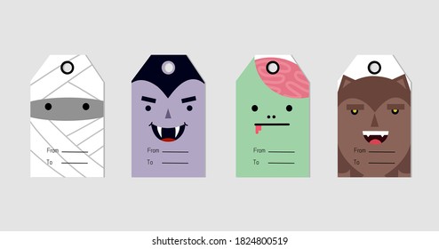 Set of 4 Halloween character gift tag. Cute and scary label template for 31 October. Printable greeting cards with Mummy ,werewolf , zombie and vampire illustration.